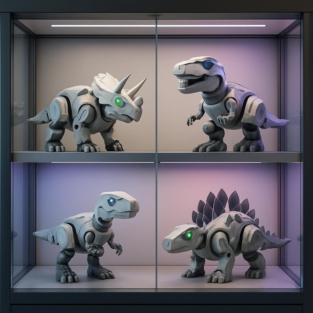 Four robotic dinosaurs on display with variety on shelves on purple background.