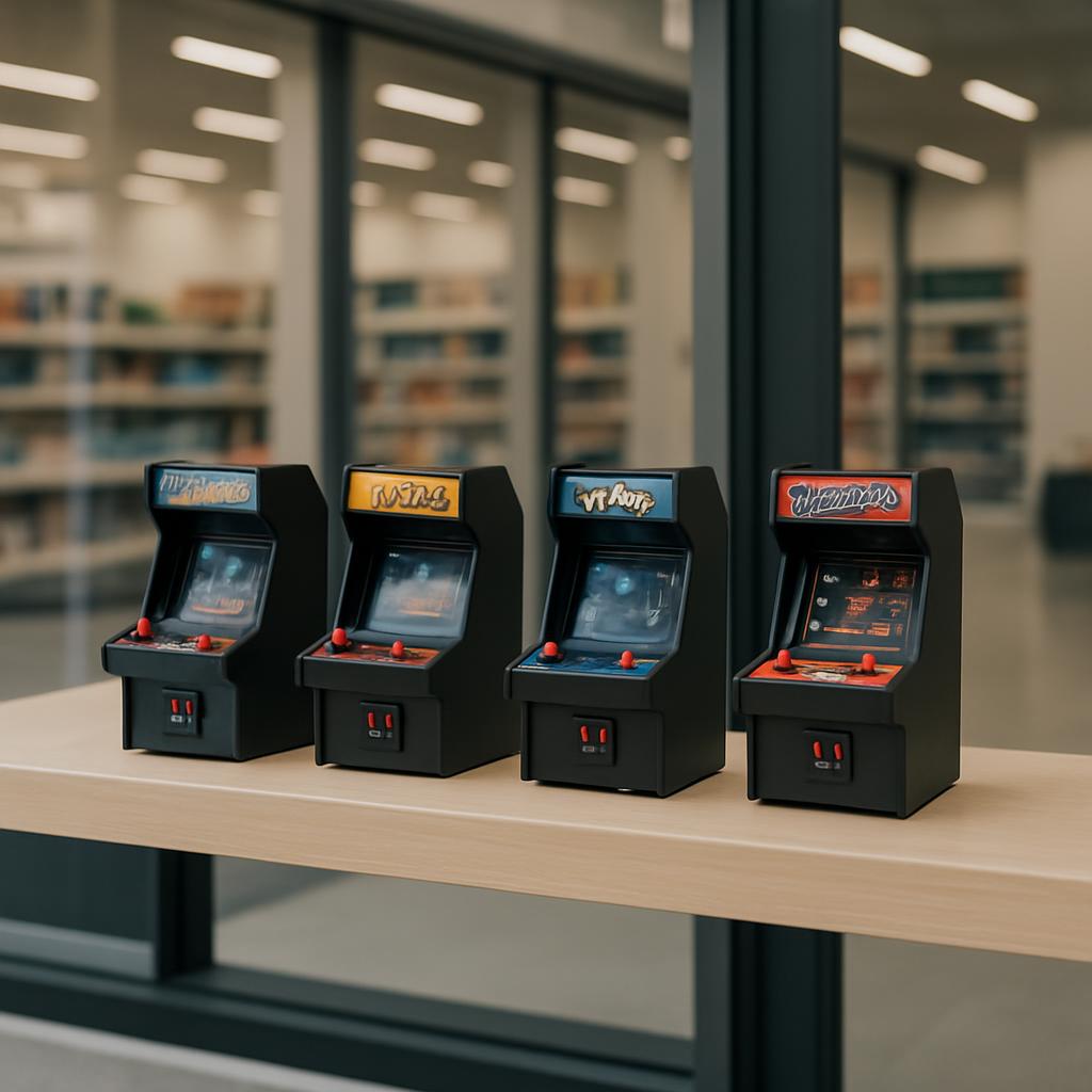 A row of miniature arcade games displayed on a wooden table, each with its own unique graffiti-style graphics on the marqu...