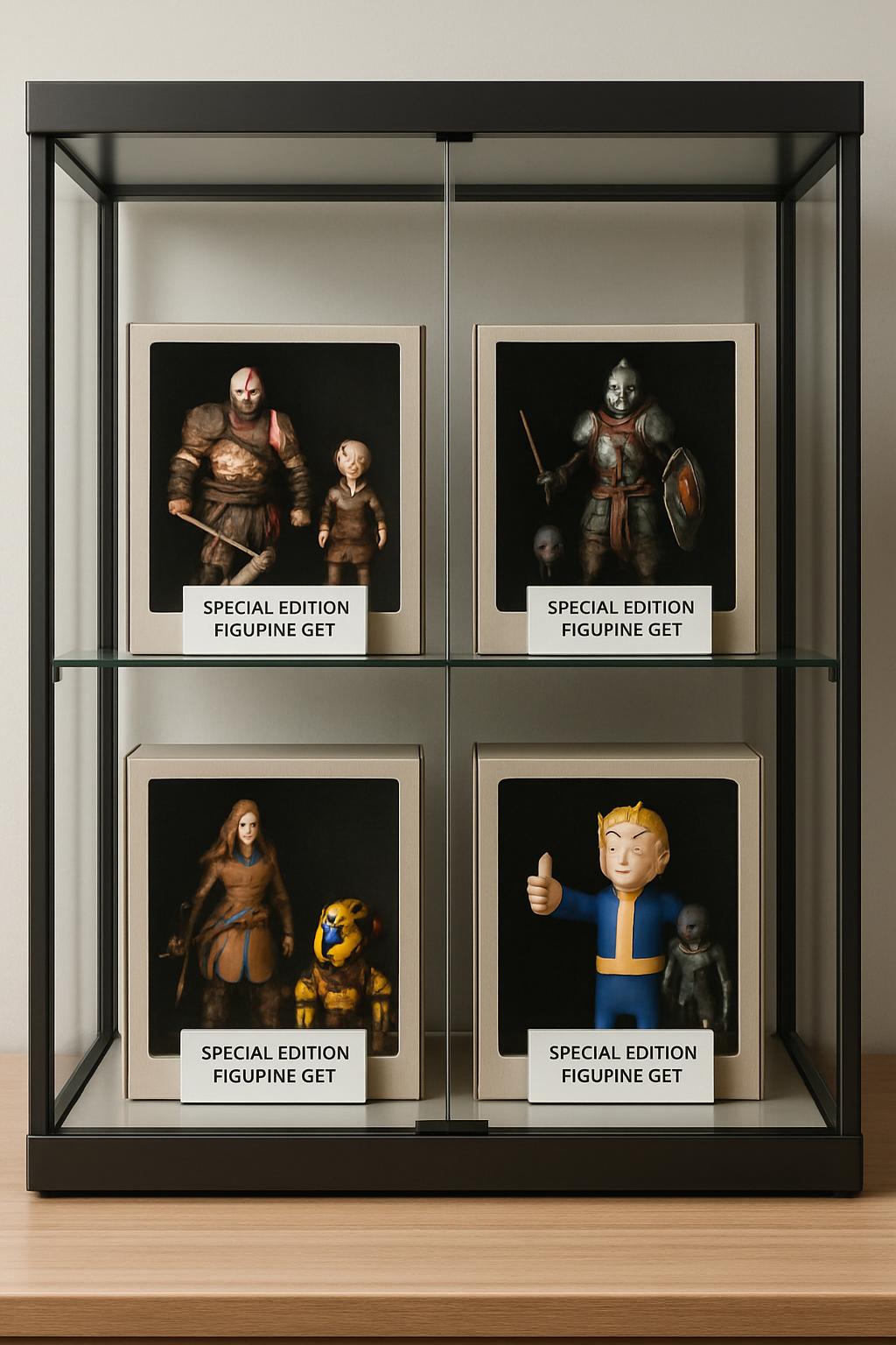 Image description: Display case with various collectible action figures and figurines inside. The images identify them as ...