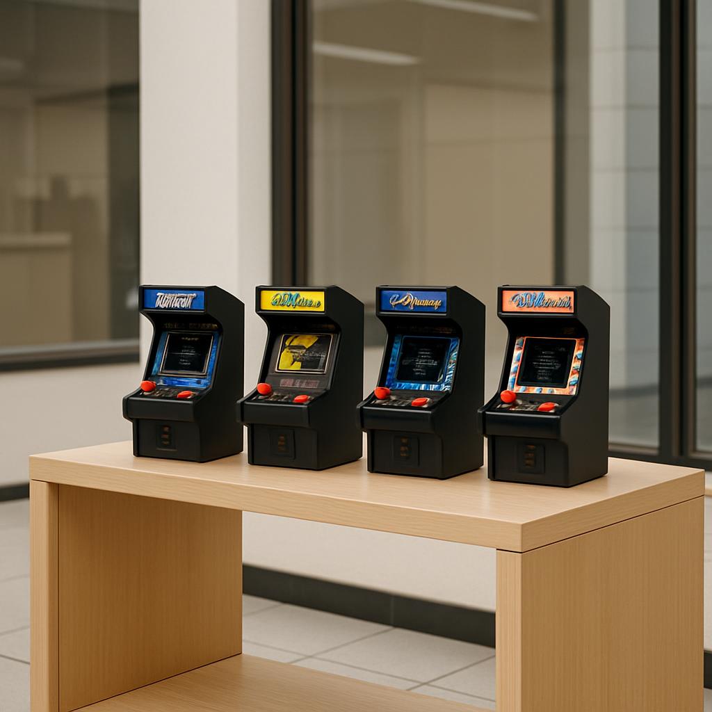 Arcade video games set on a wooden table in an office setting.